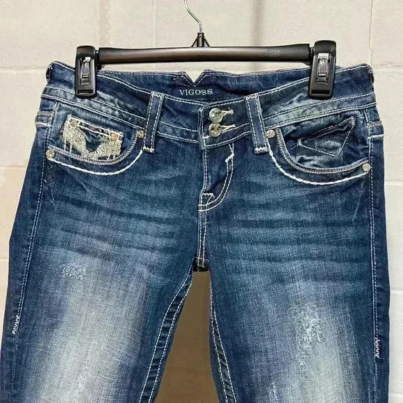 Vigoss Jr/Women's Chelsea Capri 3/4 Medium Wash Distressed Embroidered Western - Picture 4 of 10